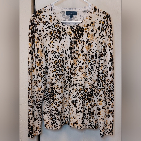 Karen Scott Cheetah Animal Print Button Cardigan Size XL Long Sleeve Sweater - Picture 2 of 10